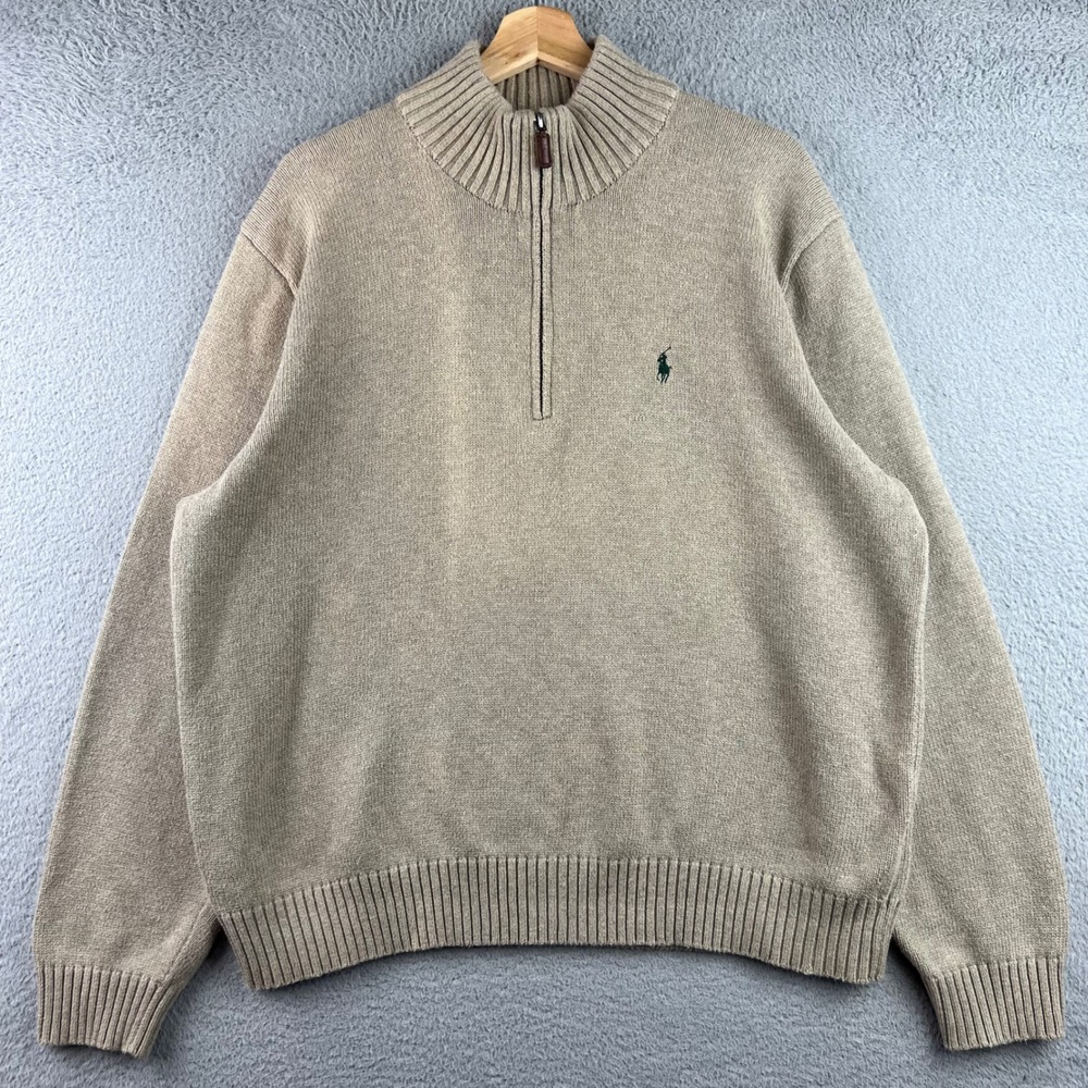 Polo Ralph Lauren Mens Tan Beige Cotton Quarter Zip Sweater Green Pony Logo XL